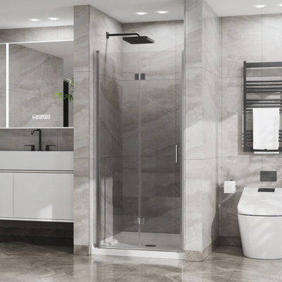 34"x72" Bifold Frameless Glass Shower Door 1/4 inch Tempered Clear Glass Pivot Swing Shower Panel in Chrome Finish, Foldable
