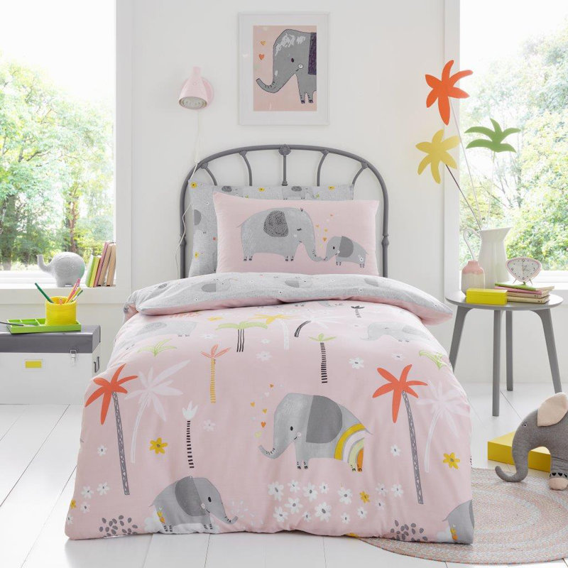 Kids Jungle Elephant Duvet Cover Set Polycotton Bed Linen with Pillowcases Soft Comfortable Quilt Cover Button Closure Easy Care Durable