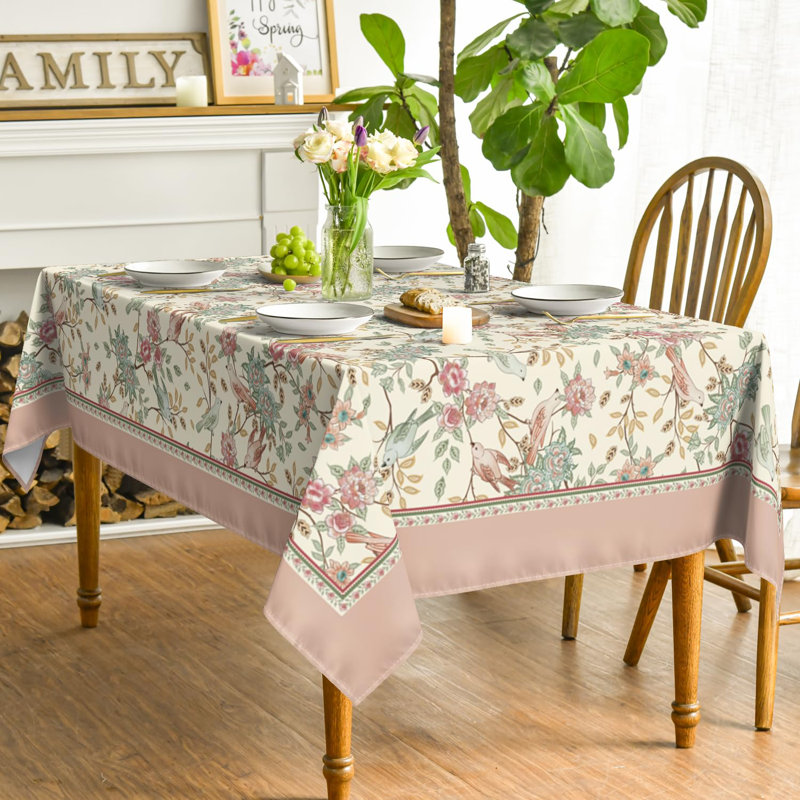 Floral Rectangular Tablecloth 60X84 Inch, Pink Birds Elegant Vintage Washable Seasonal Table Cover For Party Picnic Dinner Decor
