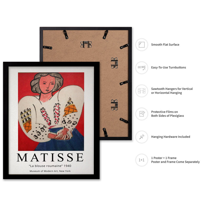 Henri Matisse - La Blouse Roumaine No1, H 24 po x l 32 po, Affiche, Cadre noir