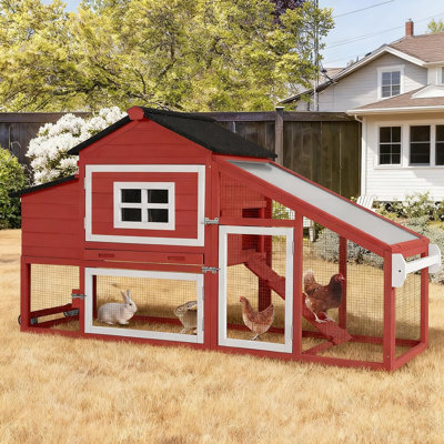 Mobile Chicken Coop with Wheels, Outdoor Hen House with Leak-Proof Tray, UV-Resistant Roof & Nesting Box for Chickens, Ducks, Rabbits (Red)