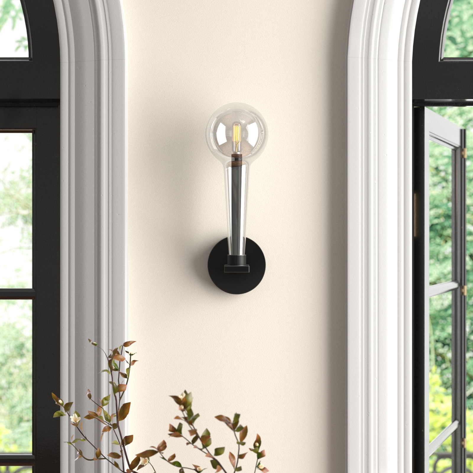 Indira Single Light Glass Dimmable Armed Sconce, Black