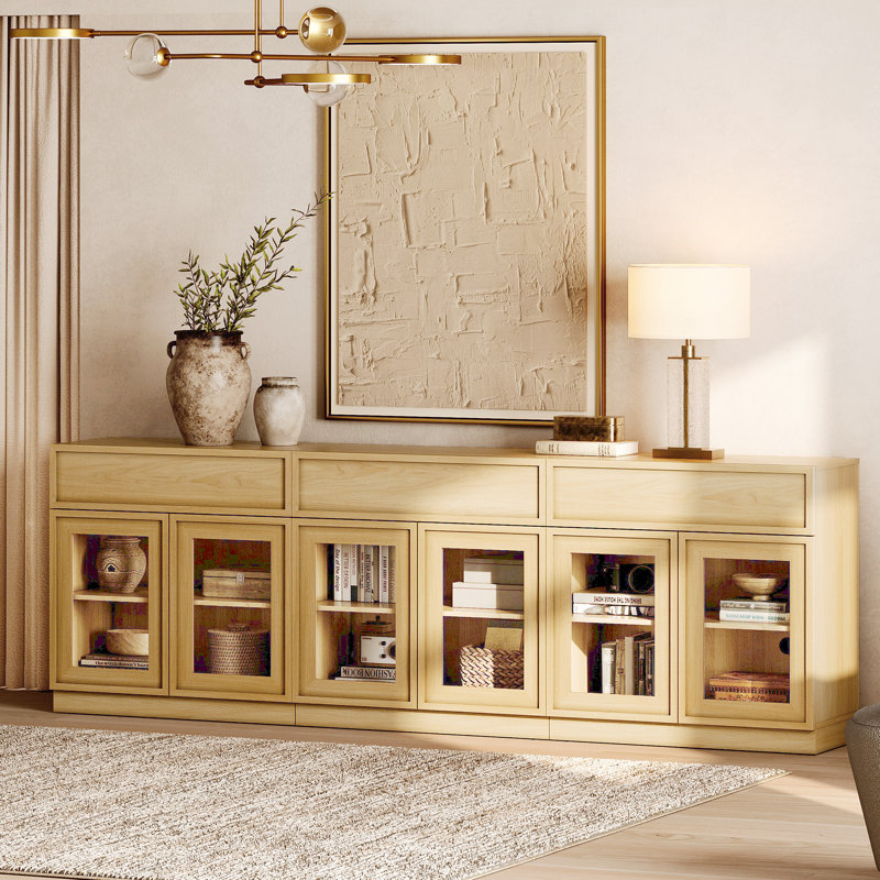 Armoire d'appoint moderne avec 6 portes en verre et tiroir, commode d'appoint multifonctionnelle avec grand rangement et tablette réglable