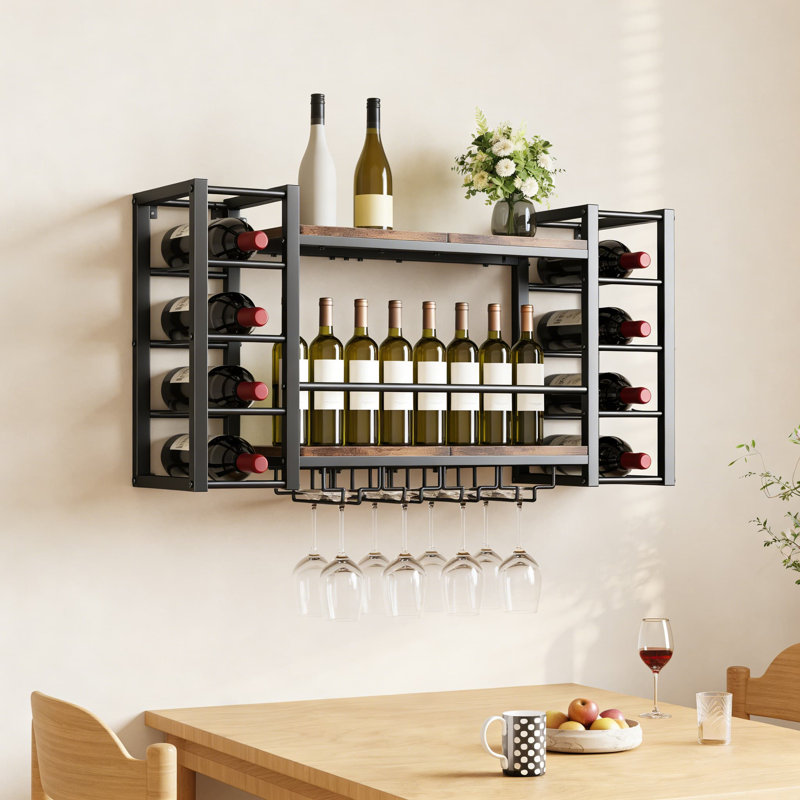 Support à vin mural pour 10 bouteilles, étagère à vin robuste en métal avec enceinte sécurisée, rangement peu encombrant pour la cuisine, la salle à manger et le bar