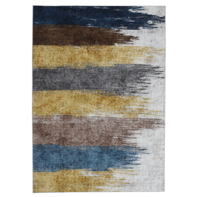 Washable Area Rug for Bedroom & Living Room - Soft Low-Pile Distressed Print Carpet - Non-Slip Rubber Backing - Home Office Accent