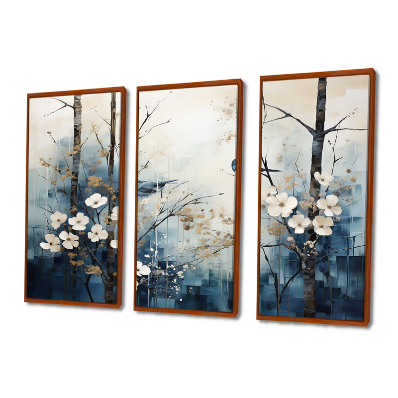 «Blue and White Forest Winter Harmony I», ensemble d'art sur toile, H 28 po x l 36 po x P 1 po, Cadre flottant brun