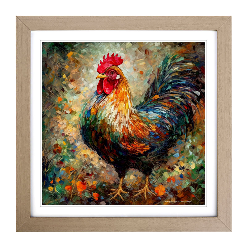 Rooster Neo-Impressionism - Single Picture Frame Print on Wood, Oak