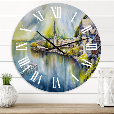 Village de montagne au bord de la rivière en Autriche - horloge murale nautique et côtière