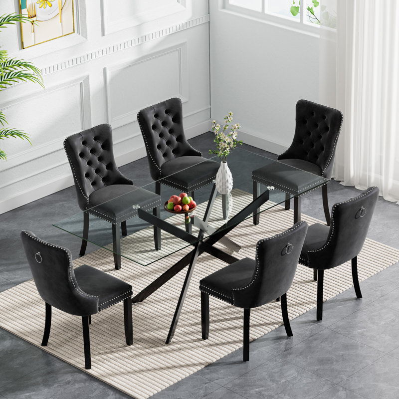 7 Piece Glass Dining Table Set for 6, Modern 60" Glass Kitchen Table with Metal Leg, Tufted Velvet Upholstered Dining Chair, Rectangle Dining Table and Chairs Set for Kitchen