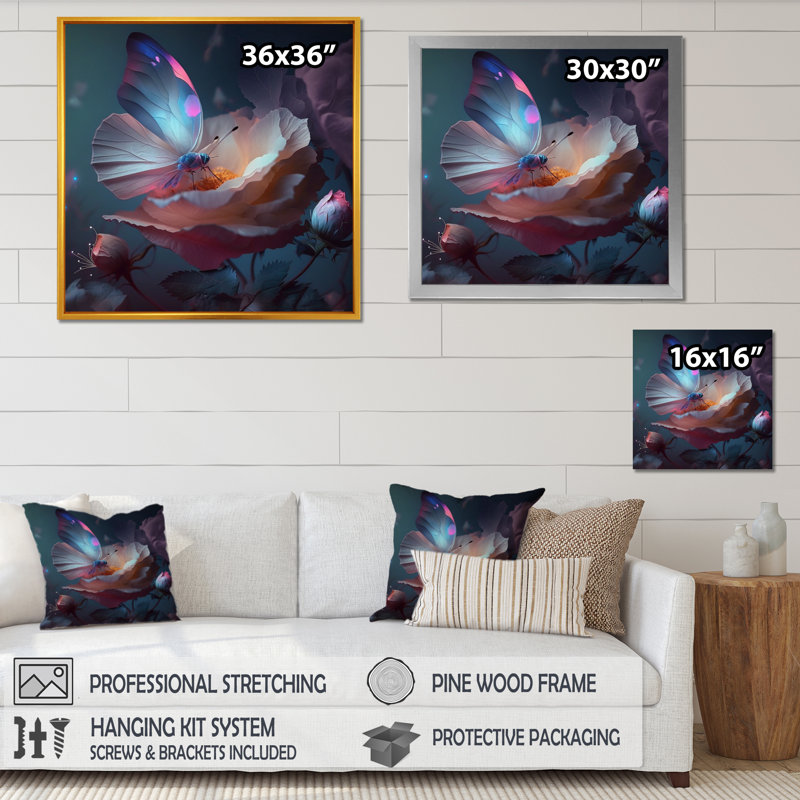 Fleur crème avec papillons en fleurs I - décoration murale florale, Cadre photo noir, L 16 po x H 16 po