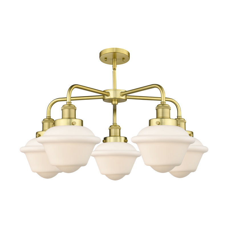 Lustre bol à 5 lumières en verre à intensité variable Grourke, Blanc mat, Or satiné