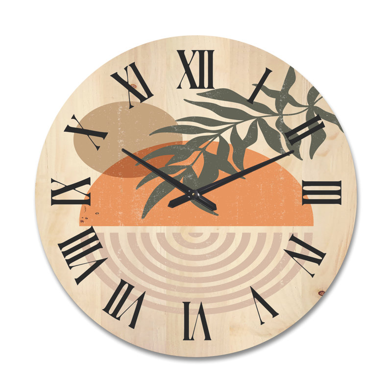Horloge murale abstraite géométrique soleil et lune avec feuille I, Très grand