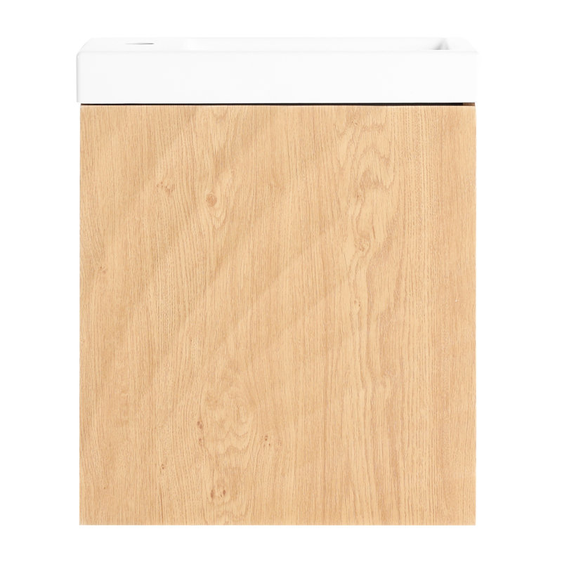 Meuble-lavabo mural 18,5 po avec lavabo en résine, porte simple à fermeture douce, bois naturel, solution de rangement moderne pour assemblage sans quincaillerie supplémentaire