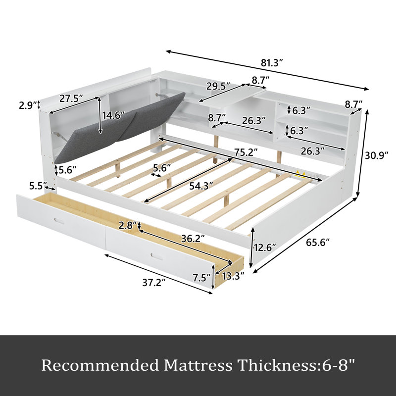 Lit plateforme en bois avec tête de lit, tablettes et 2 tiroirs, Blanc
