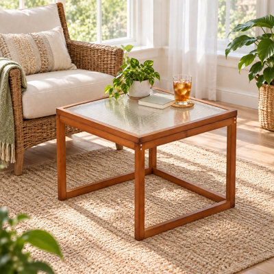 Table basse carrée moderne en bambou avec plateau en verre cannelé, table d'appoint de 61 cm (24 pouces) à base ouverte pour petits espaces, brun naturel