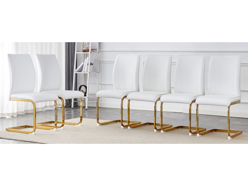  Chaises de salle à manger en polyuréthane avec pattes arquées en métal doré, ensemble de 6 rembourrés haute résilience pour la salle à manger, blanc et doré