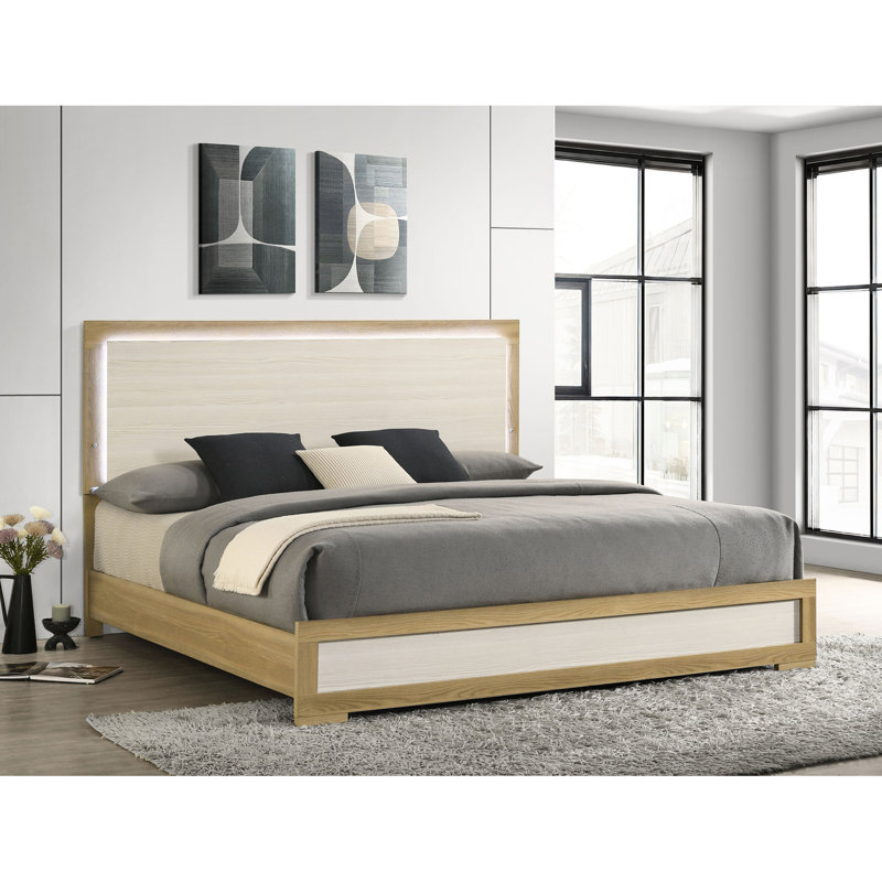 Lit tête de lit à DEL naturel, très grand lit de style oriental, 2 tons, éclairage tactile intégré, lit à panneau de luxe avec tête de lit, matériau, design moderne, éclairage pour