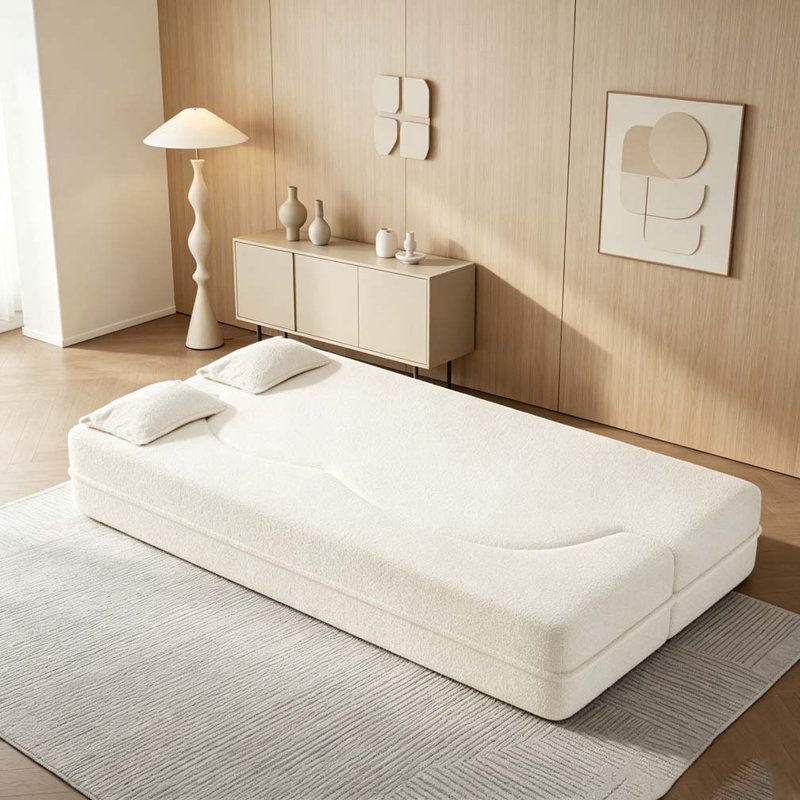 Modern Floor Sofa with 2 Pillows, Teddy, Beige/White