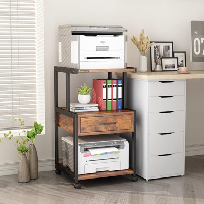 3 Tier Printer Stand with Storage Drawer Rolling Printer Table with Wheels Home Office,Retro