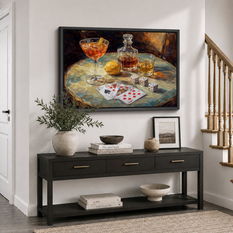 «Cocktail Still Life With Decanter Card And Dice», reproduction d'art sur toile encadrée, impression sur toile, Cadre noir