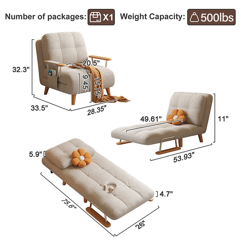  3-in-1 Convertible Sleeping Chair features an Adjustable Backrest and is Suitable For Studies, Offices, or RVs., Beige
