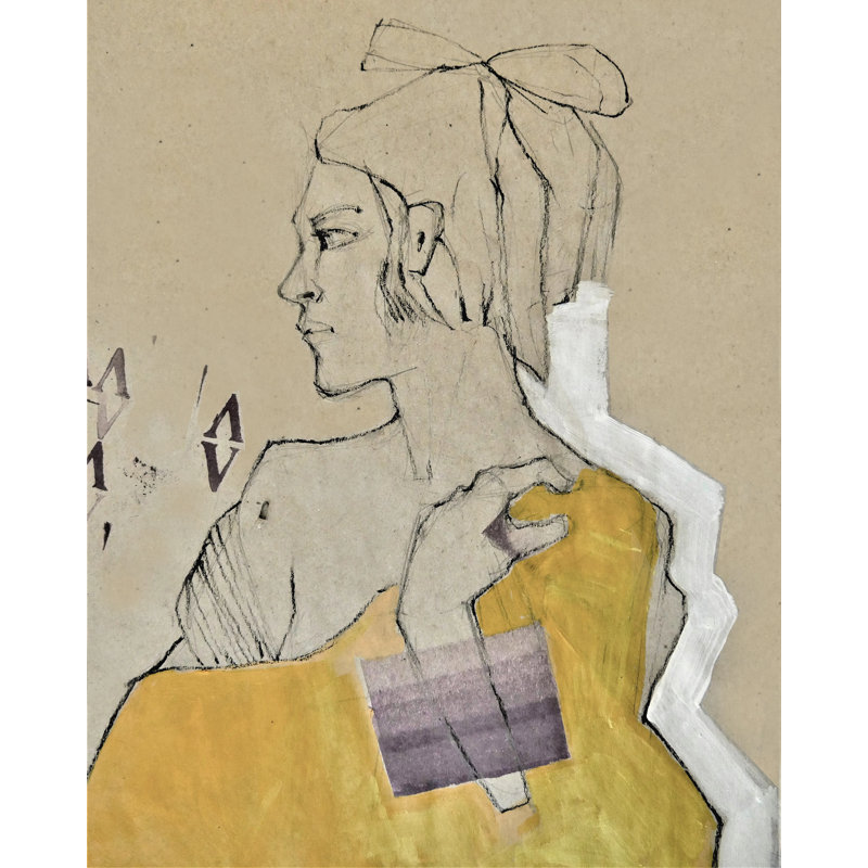 Femme avec une couverture jaune, H 31,75 po x l 25,75 po