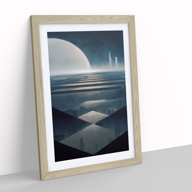 Dystopian City Skyline No.4 - Single Picture Frame Print, 64cm H x 46cm W x 2cm D, Oak