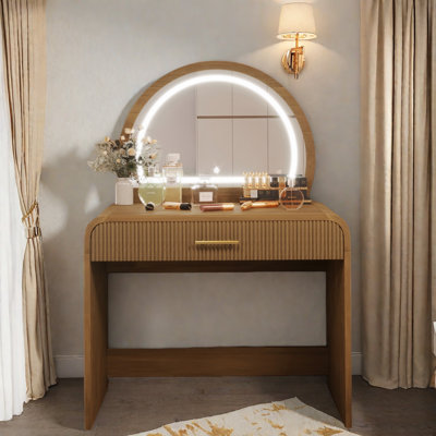 Makeup Vanity Table With Touch Screen Lighted Mirror And Drawer