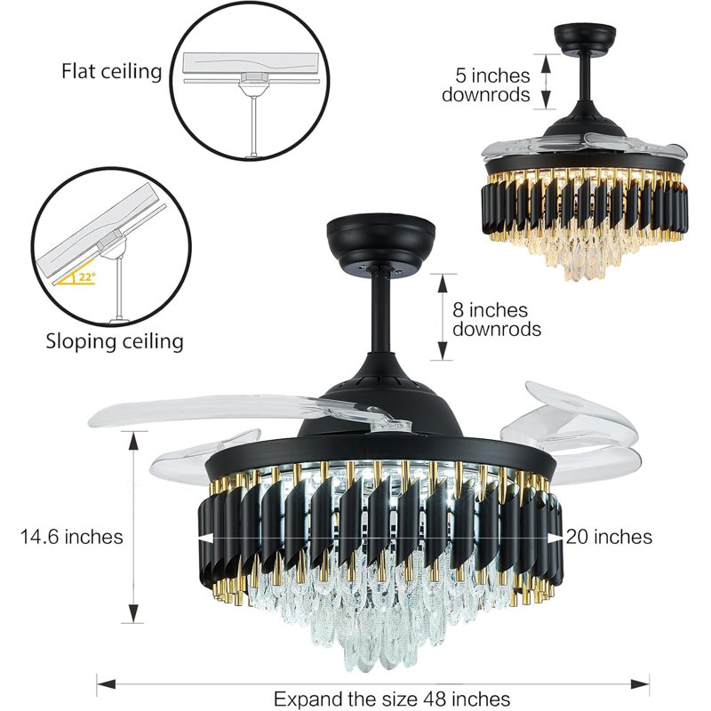 48" Black Crystal Chandelier With Fan,Dimmable LED Crystal Fandelier Ceiling Fans With Lights And Remote,Modern Retractable Invisible Ceiling Fan For Dinning Room Living Room Bedroom