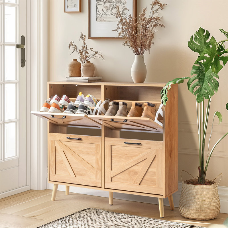 Barn Door 4 Flip Black Handles Glued Particleboard Embossed Natural Legs Shoe Cabinet 41.7In Natural Wood, Natural Wood