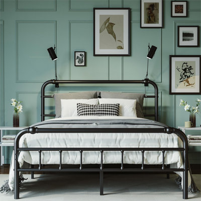 Amylia  Anti-Sway Heavy Duty 14” Metal Iron Bed Frame - Noise-Free Platform Bed with Headboard & Footboard, Artistic Steel Pipe Molding, Non-Slip, No Box Spring Needed, Queen Size for Master Bedroom/Shared Space