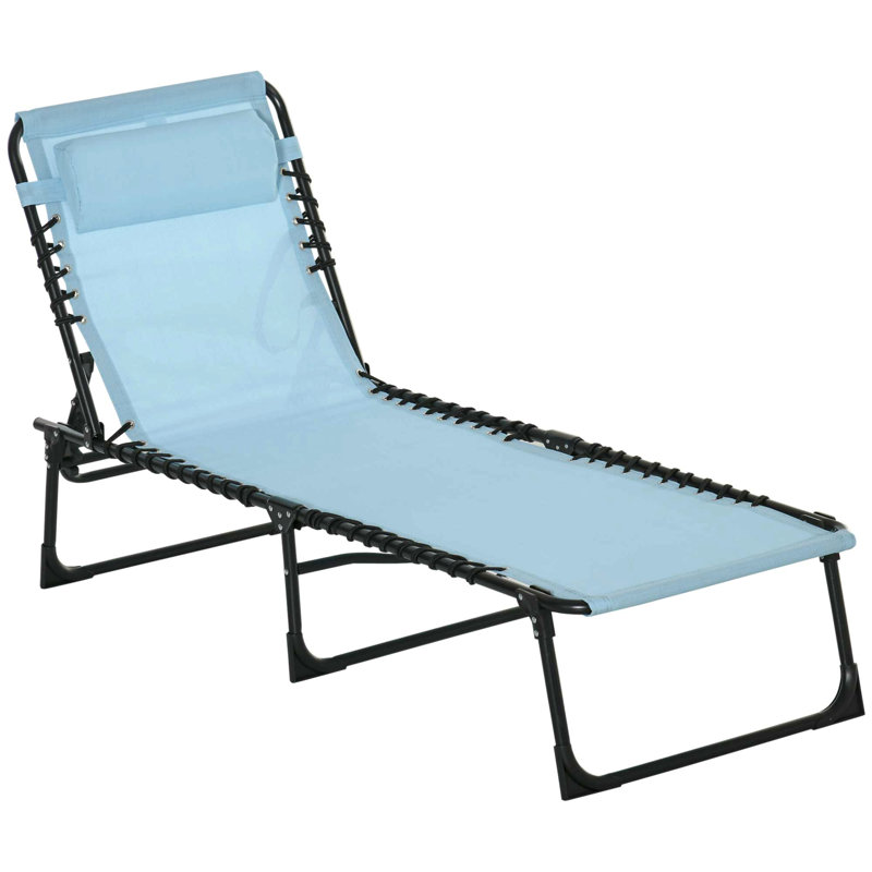 Folding Chaise Lounge Pool Chair, Patio Sun Tanning Chair, Outdoor Lounge Chair W/ 4-Position Reclining Back, Pillow, Breathable Mesh & Bungee Seat