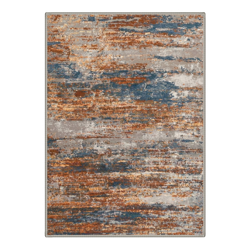 Verve Abstract Brush Strokes Machine Washable Rustic Azure Indoor Area Rug With Non-Slip Backing, Rectangle 5' x 7'