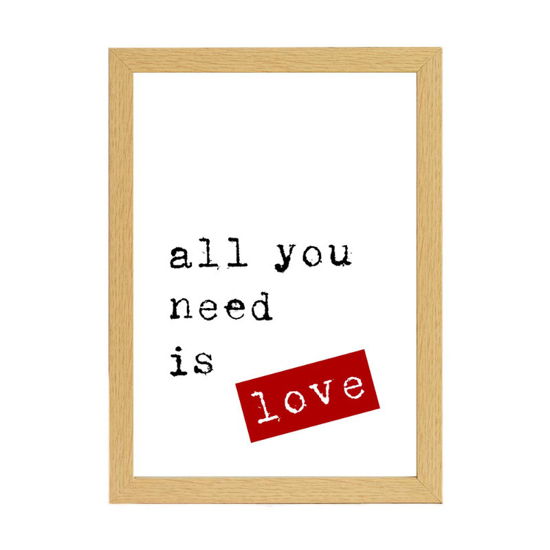 All You Need Is Love - Print, 21cm H x 15cm W x 2.5cm D, Brown Framed