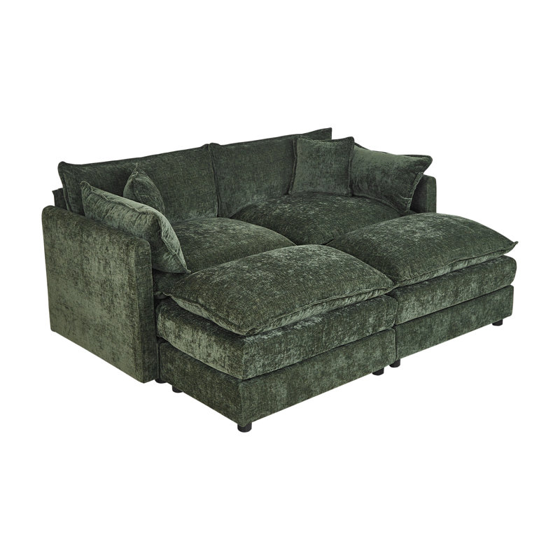 Modern Chenille Loveseat Sofa Couch With Ottoman, 33.85" H x 77.16" W x 35.82" D, Green Chenille