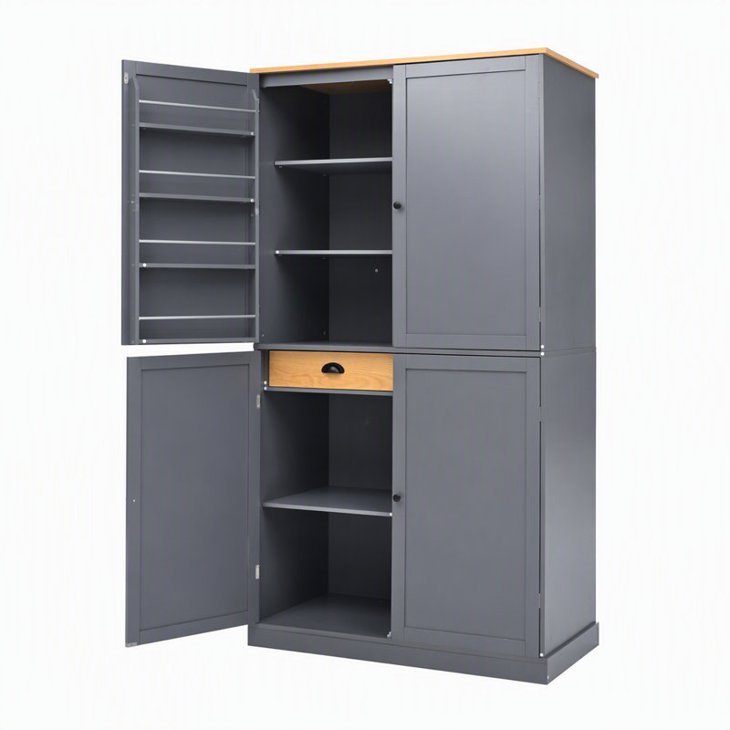 Armoire de cuisine autoportante haute avec 2 tiroirs, 2 tablettes réglables et 8 portes, idéale pour la cuisine et la salle à manger.
