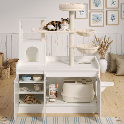 Arbre à chat avec bac à litière caché, armoire de rangement, poteaux à griffer en sisal, hamac double et perchoir supérieur pour chat d'intérieur