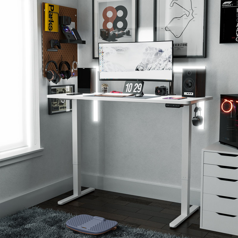 Adjustable Metal Base Standing Desk, 27.00" H x 55.00" W x 24.00" D, White/White