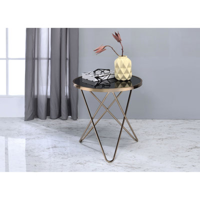 Table de bout ronde en verre noir avec base en forme de «V» superposée au fini champagne, verre de 5 mm, largeur et profondeur de 22 pouces, capacité de poids de 40 lb, limite de poids