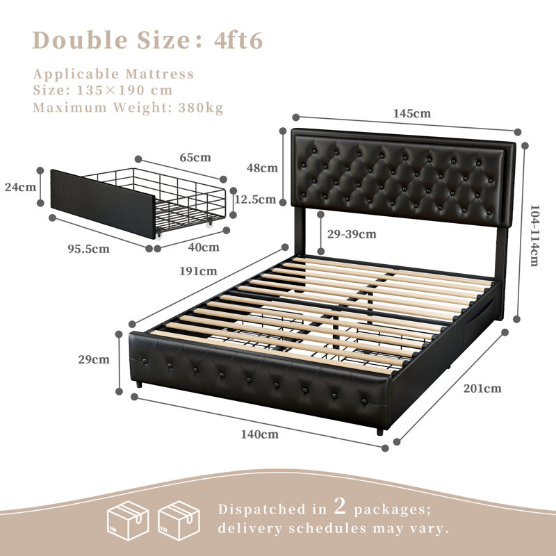 Upholstered Drawers Bed Frame, Double(4'6), Black, PU