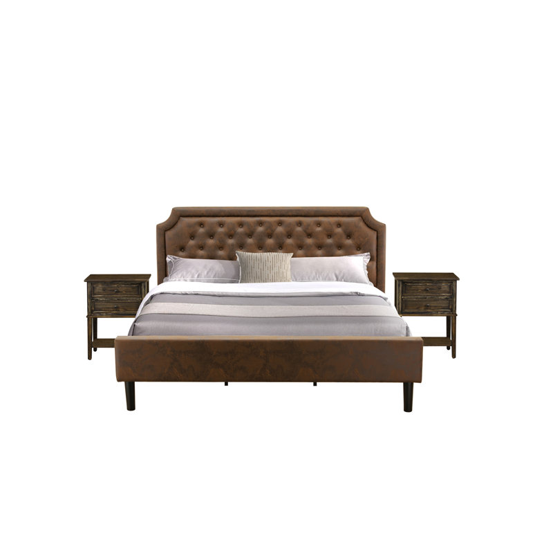 Ensemble de chambre avec très grand lit 3 pièces avec lit plateforme capitonné et 2 tables de chevet Jacobean patinées - Similicuir brun foncé avec texture noire et pieds noirs