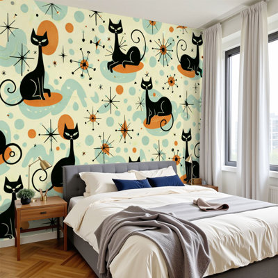 Peel and Stick Wallpaper 96" W x 69" H Modern Self Adhesive Wall Mural for Bedroom Retro Black Cat Starbursts Geometric Shapes