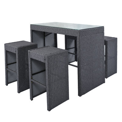 Mubashir 5-Piece Rattan Patio Furniture Set Bar Dining Table Set with 4 Stools