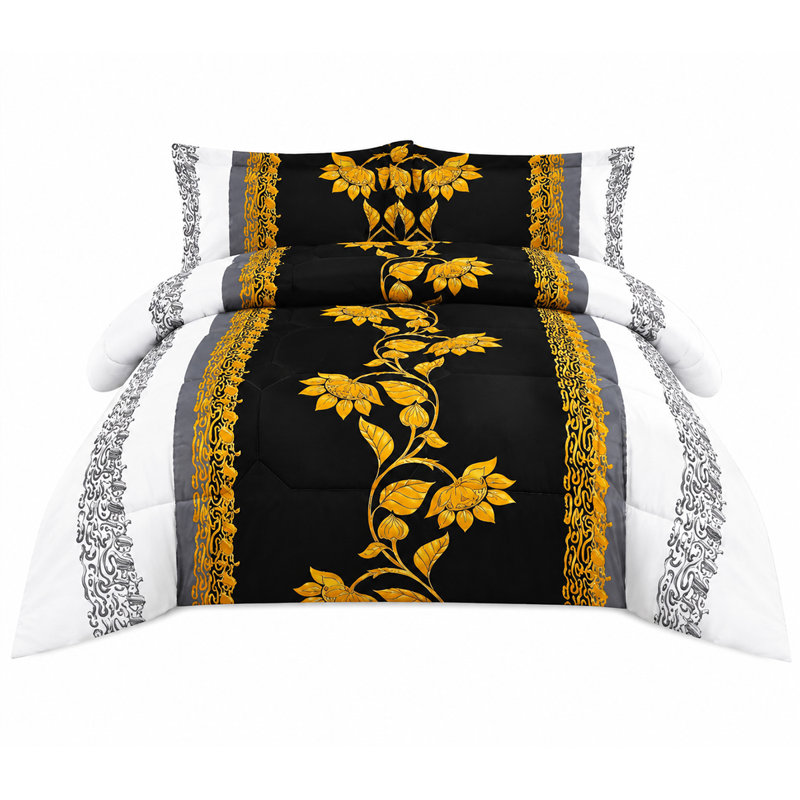 Printed Bedspreads 3 Piece Trendy Black Comforter Bed Throw with Matching Pillow Shams, Double Bedspread + 2 Standard Shams