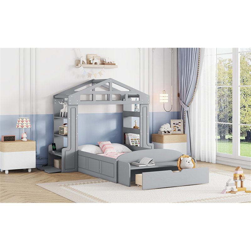 Chaquana House Platform Bed With Bookcase And with Bench, Socket and Shelves,Storage Bed,Platform Bed, Gray