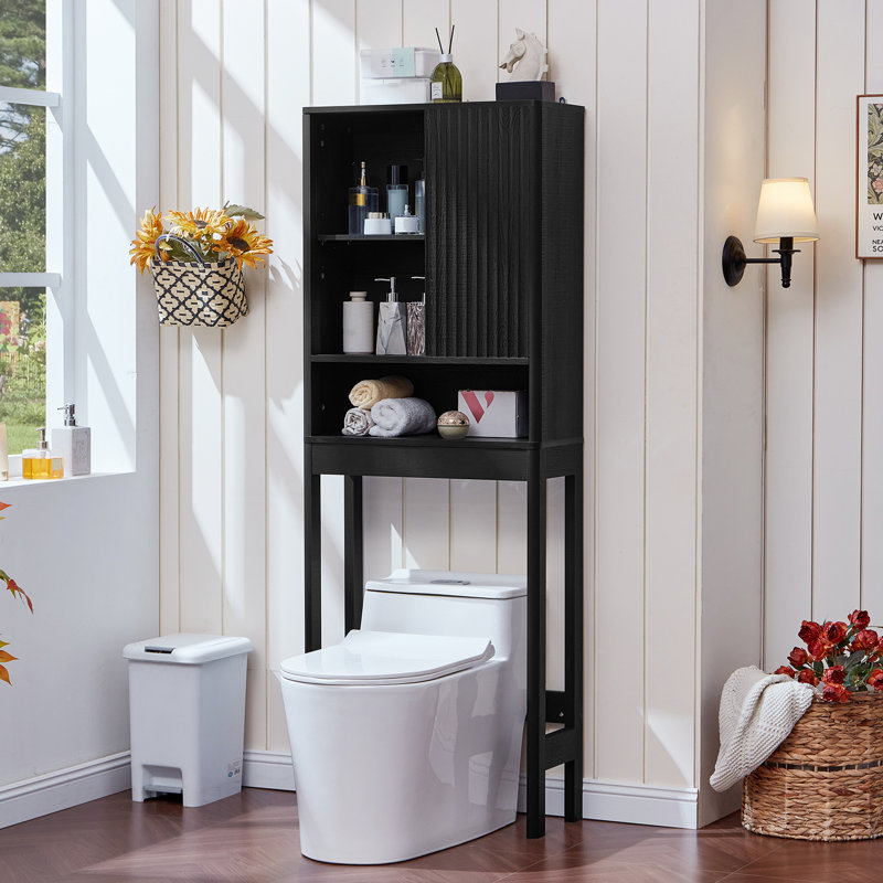 Fluted Over The Toilet Storage Cabinet, Farmhouse Over Toilet Bathroom Organizer With Sliding Door, 68" Tall Freestanding Washer Shelf With Adjustable Shelf & Curved Profile