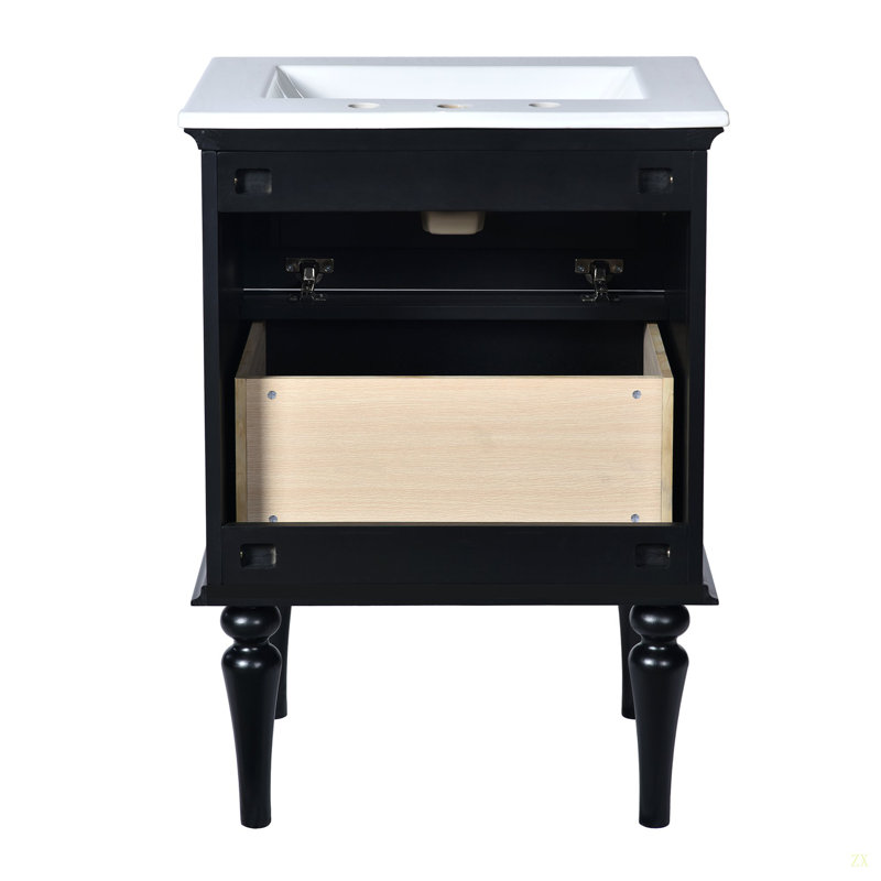 Ensemble de meuble-lavabo 24 po avec lavabo en céramique, armoire de rangement moderne avec 2 tiroirs et cadre en bois massif