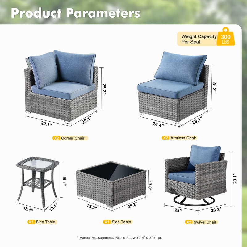 Rebbecca Premium All-Weather Wicker 6 - Person Patio Conversation Set with Cushions, Denim Blue