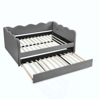 Cozy Gingham Daybed with Trundle  No Box Spring Needed, with USB Port and Adorable Wave Shaped, Linen Fabric