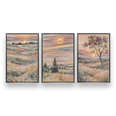 Sunset in Blooming Valley Set of 3 Canvas Prints in a Silver Frame, 48" x 32"
